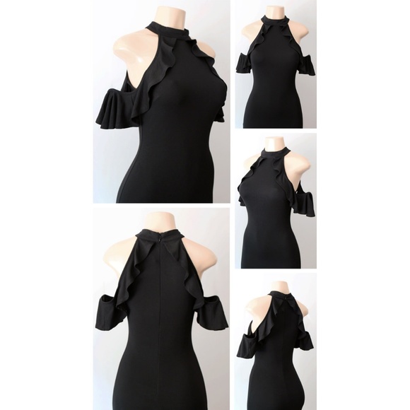 Black Mock Neck Ruffle Cold Shoulder Bodycon Dress - Picture 4 of 8